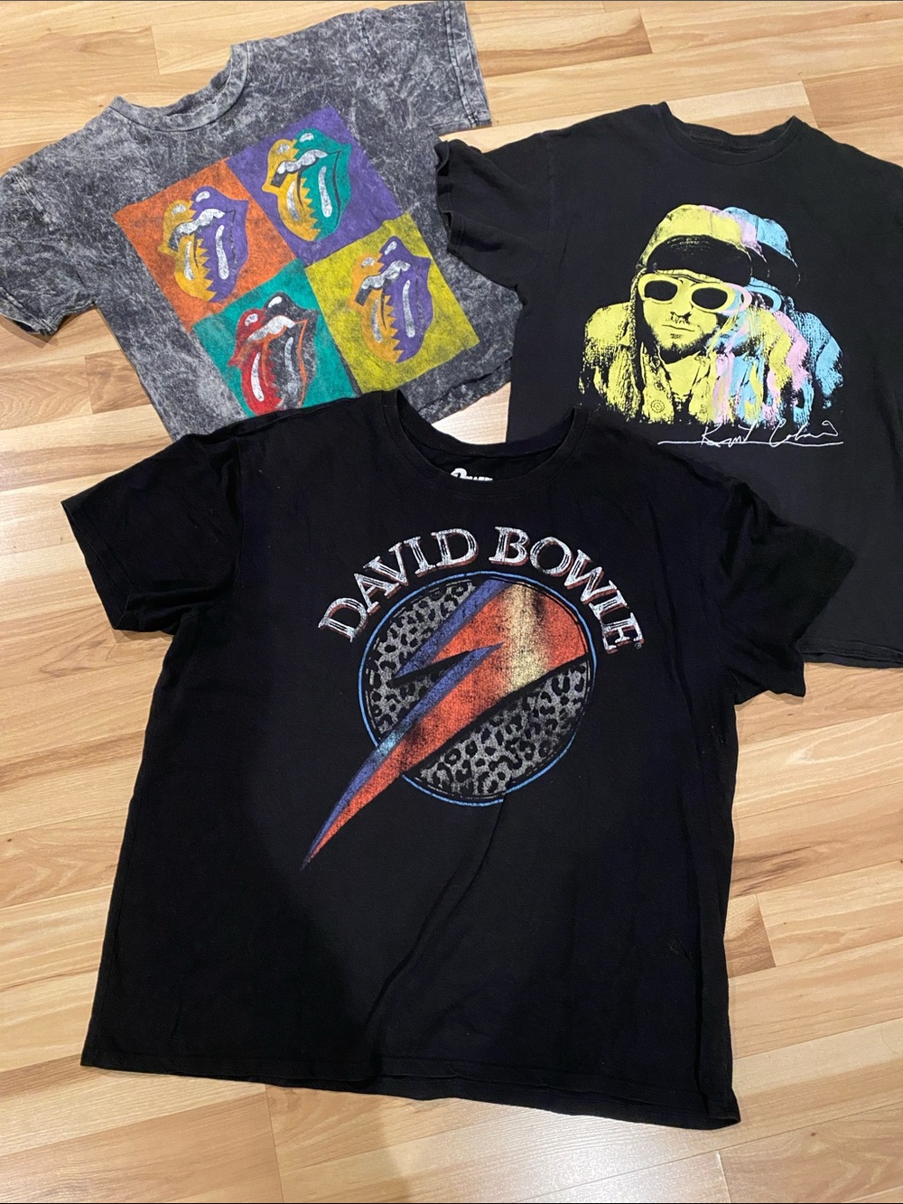 Bundle of Band tees- Nirvana, Rolling Stones and David Bowie! SM and XL Take Em!